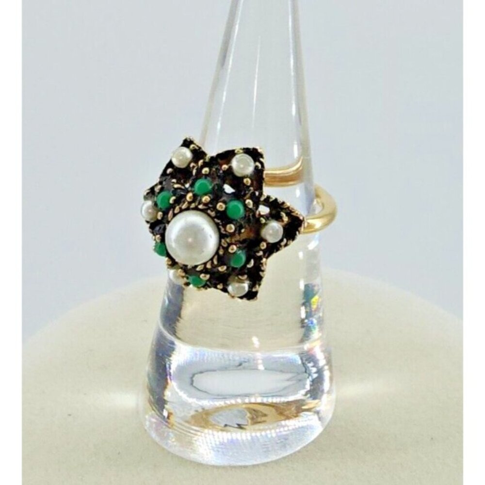 Vtg 70s Sarah Coventry Adjustable Faux Pearl/Green Cluster Ring Costume Jewelry